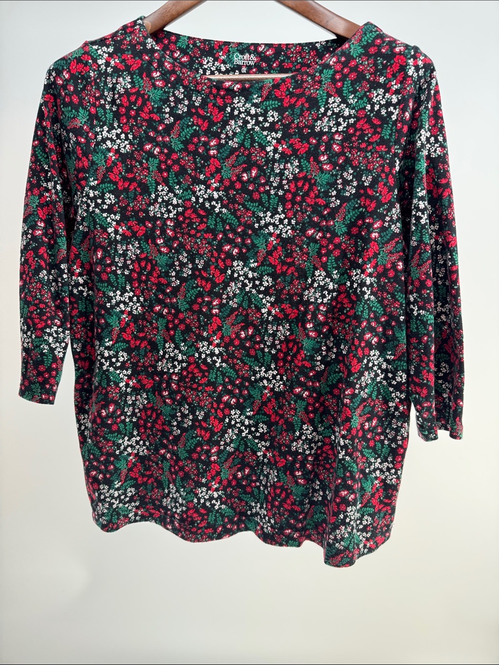 croft & barrow Black Floral Long Sleeve Tee with Red and Green Accents